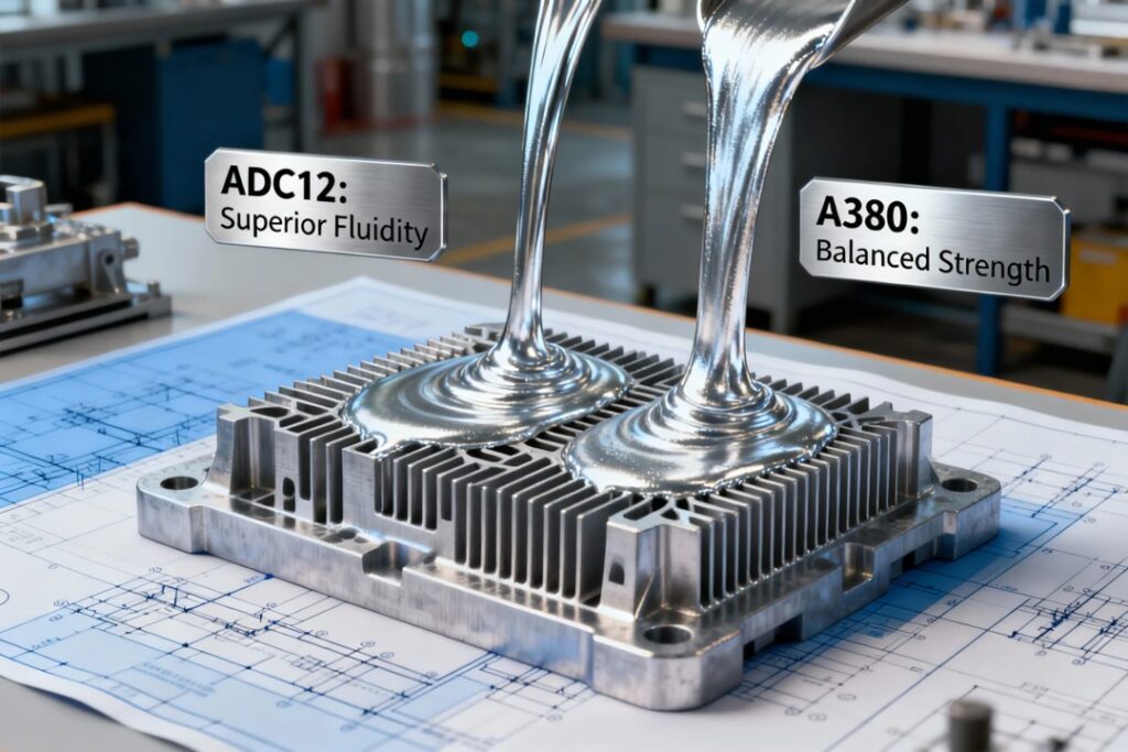 the adc12 flow is silvery and exceptionally fluid, smoothly filling a complex, thin walled heat sink mold. the a380 flow is slightly more viscous but robust.