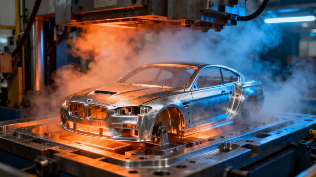 a complex aluminum die cast automotive housing emerging from a heavy steel mold.