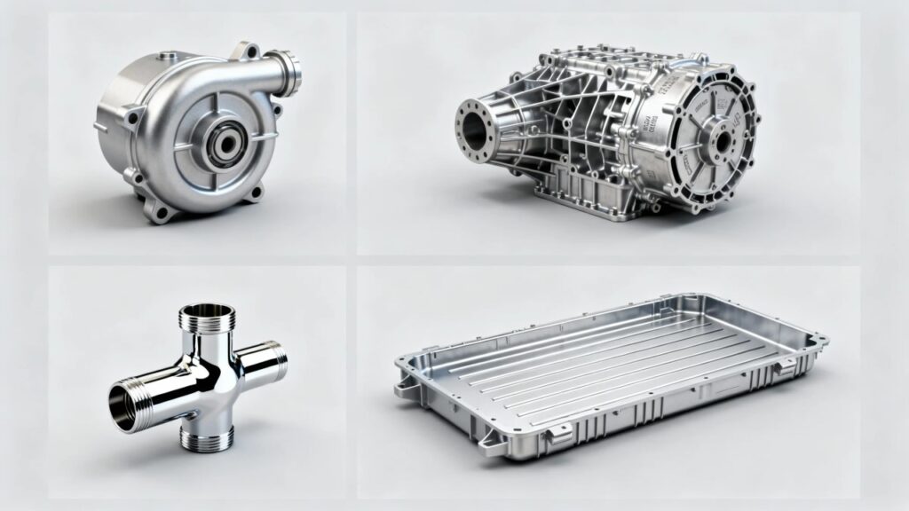 a clean, professional product collage of four high integrity aluminum die cast parts