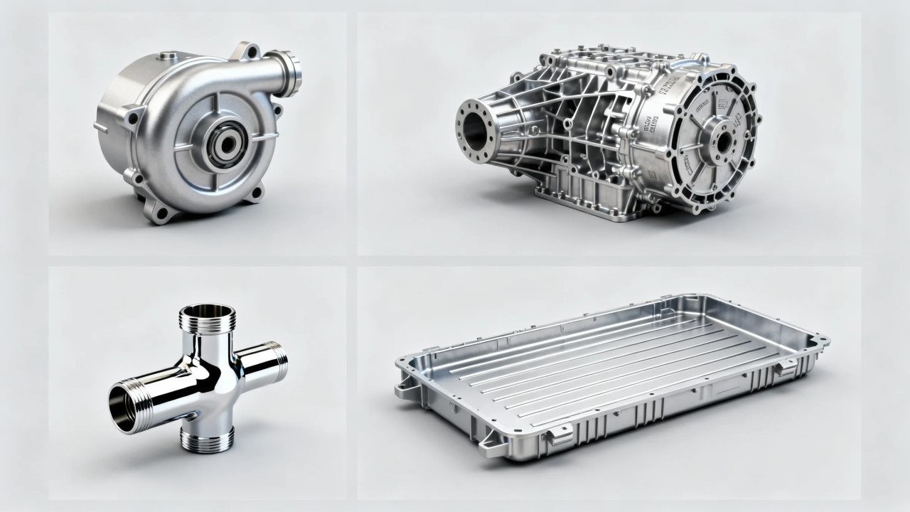 a clean, professional product collage of four high integrity aluminum die cast parts