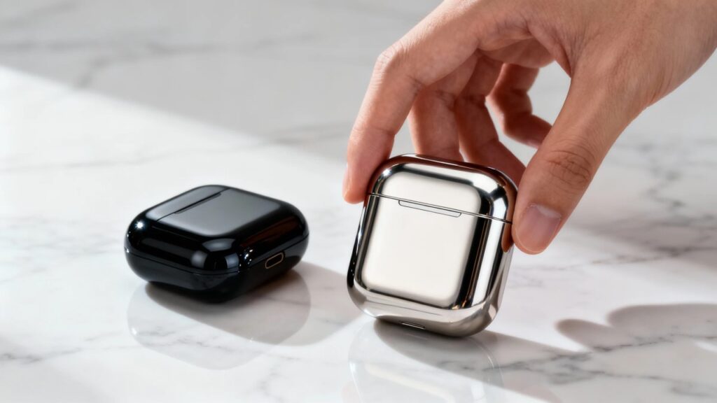 a photorealistic still life of two high end tws earbud cases on a minimalist marble surface.