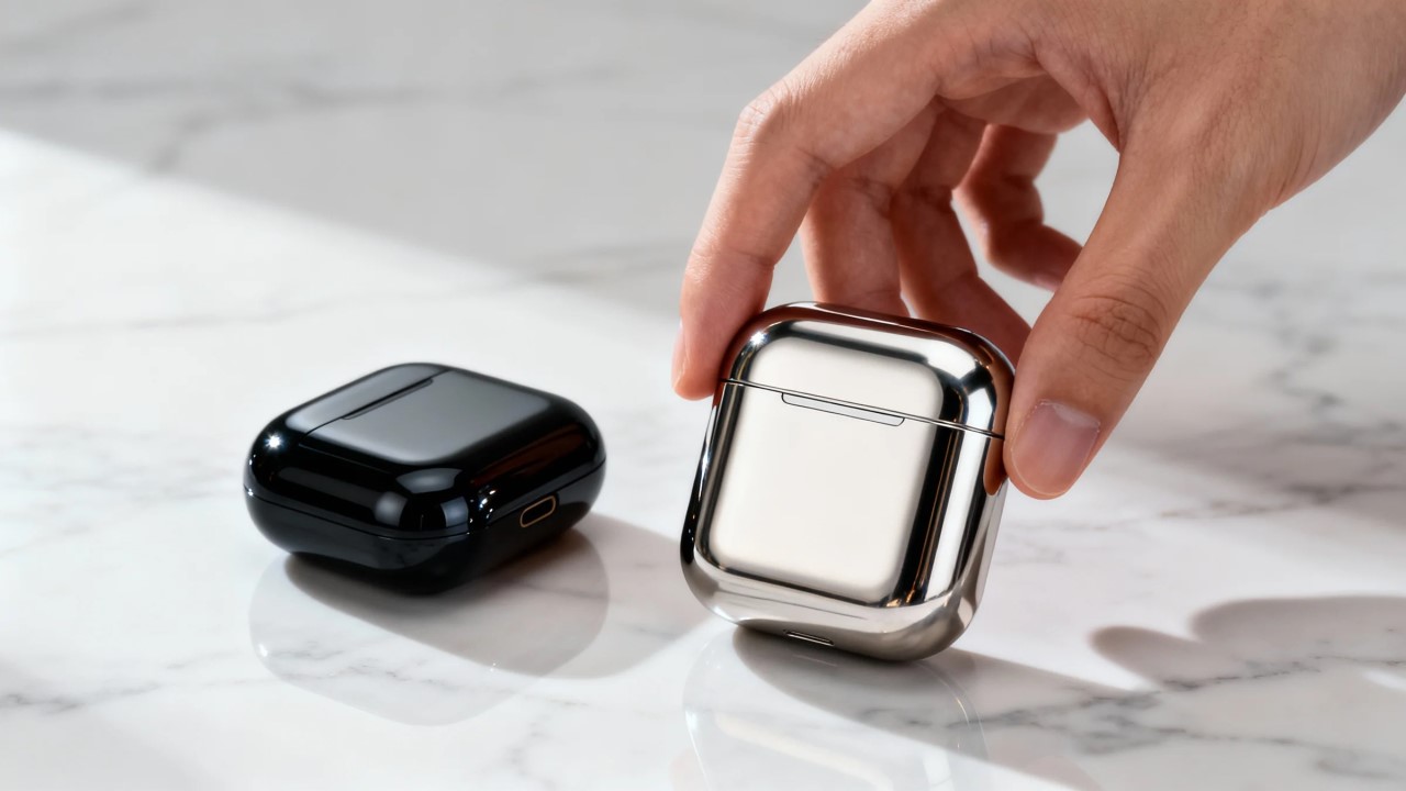 a photorealistic still life of two high end tws earbud cases on a minimalist marble surface.