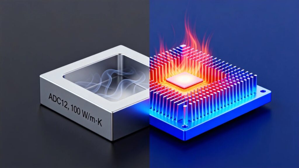 an optimized die cast heatsink with tapered fins, showing vibrant, fast moving heat flow from a central hotspot through the thick base and efficiently into the thin fins.