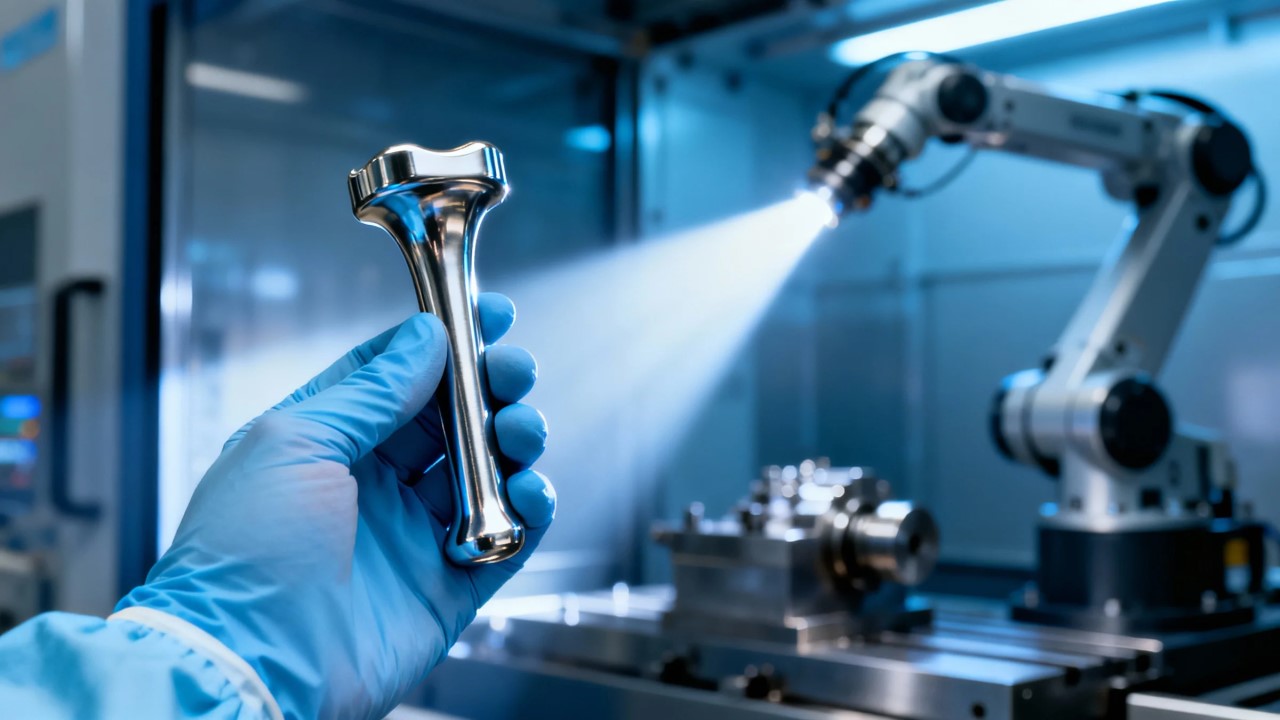 in the background, out of focus, is the interior of a pristine cnc machining center with a robotic arm