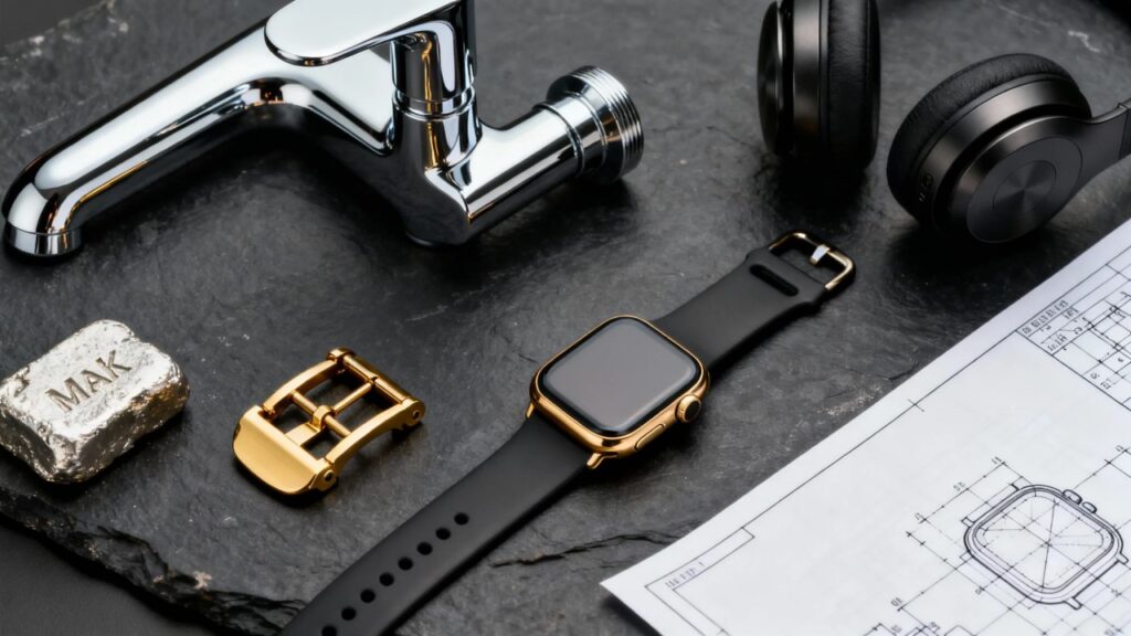 a collection of high precision, plated zinc alloy parts (e.g., a mirror chrome faucet handle, a black nickel headphone hinge, a gold pvd smartwatch buckle) are arranged on a dark slate surface.