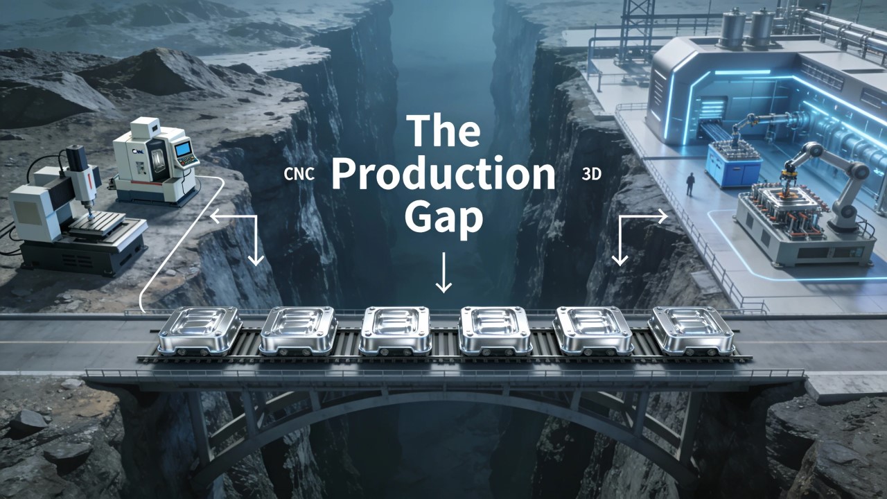 a conceptual 3d render of a sturdy, modern bridge spanning a deep canyon labeled the production gap