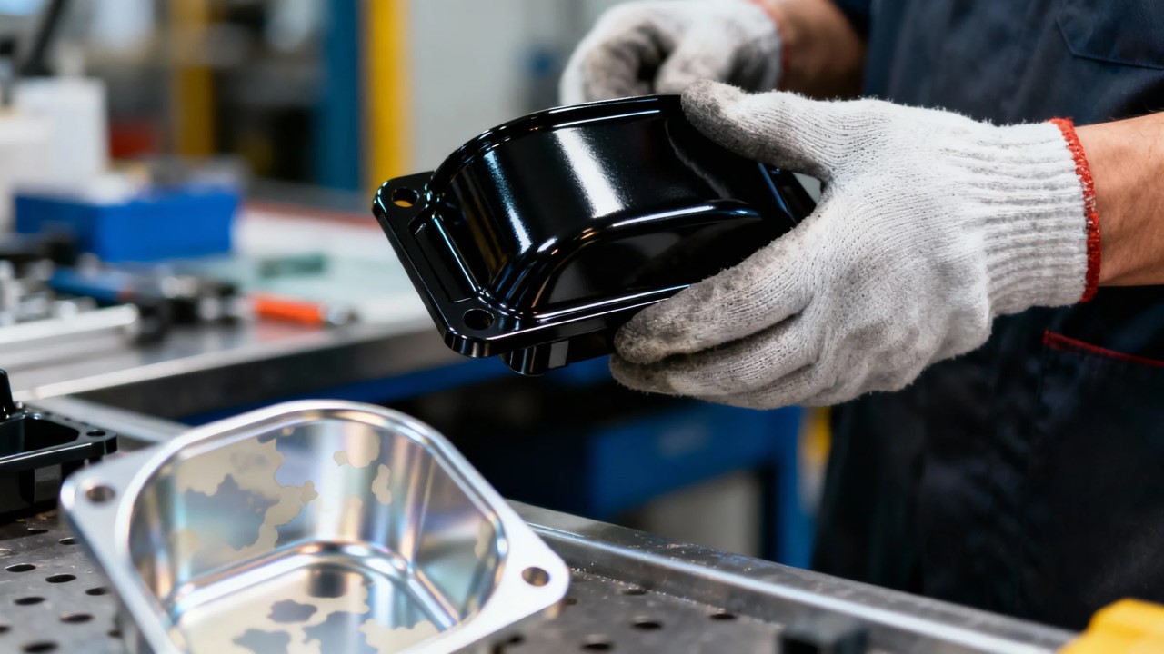 a dynamic, close up shot in an automotive or industrial setting. a technician’s gloved hand holds a glossy, perfectly powder coated black aluminum die cast housing