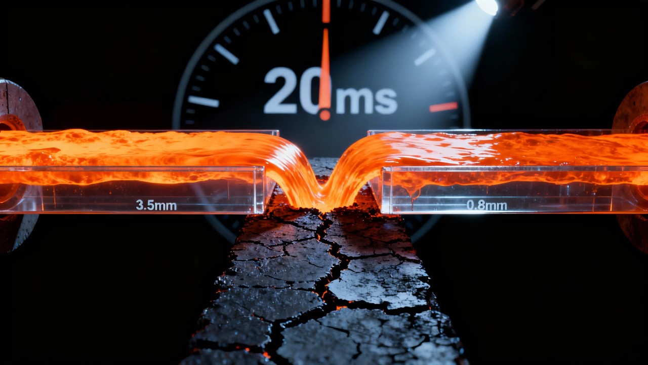 a stream of molten aluminum (bright orange) flows into a narrowing transparent channel (3.5mm down to 0.8mm).