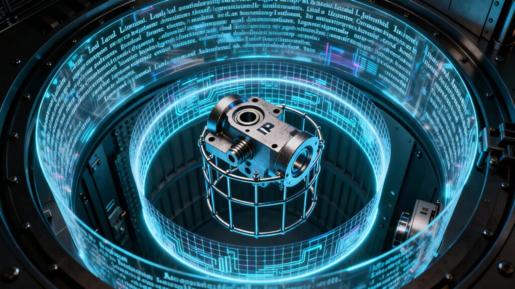 a holographic 3d mechanical part (client's ip) is suspended at the center, encased in multiple glowing protective layers