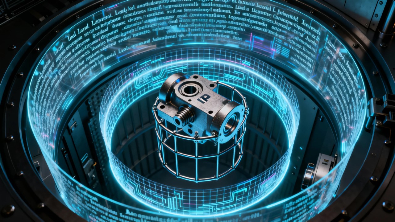 a holographic 3d mechanical part (client's ip) is suspended at the center, encased in multiple glowing protective layers