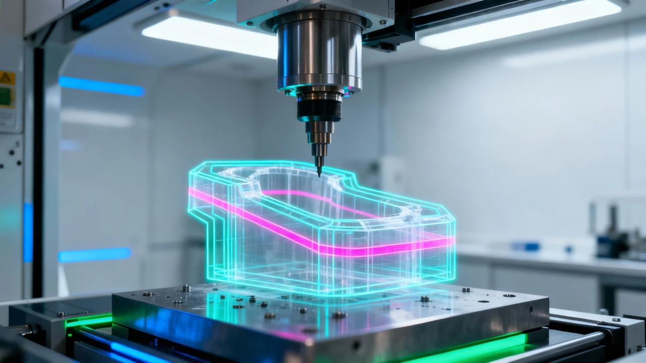 a 5 axis cnc machine is precision milling a prototype.