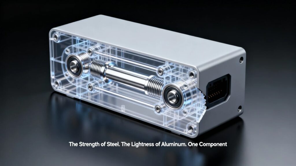 a bright silver steel “skeleton” is visible—comprising threaded bosses, bearing sleeves, and mounting points—perfectly integrated into the light gray aluminum body.
