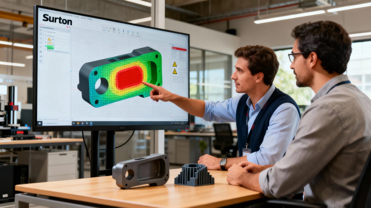 a sureton engineer and a client designer are reviewing a large screen. on screen, a 3d part model is overlaid with a color coded draft analysis map (red for high risk, yellow for warning, green for good).