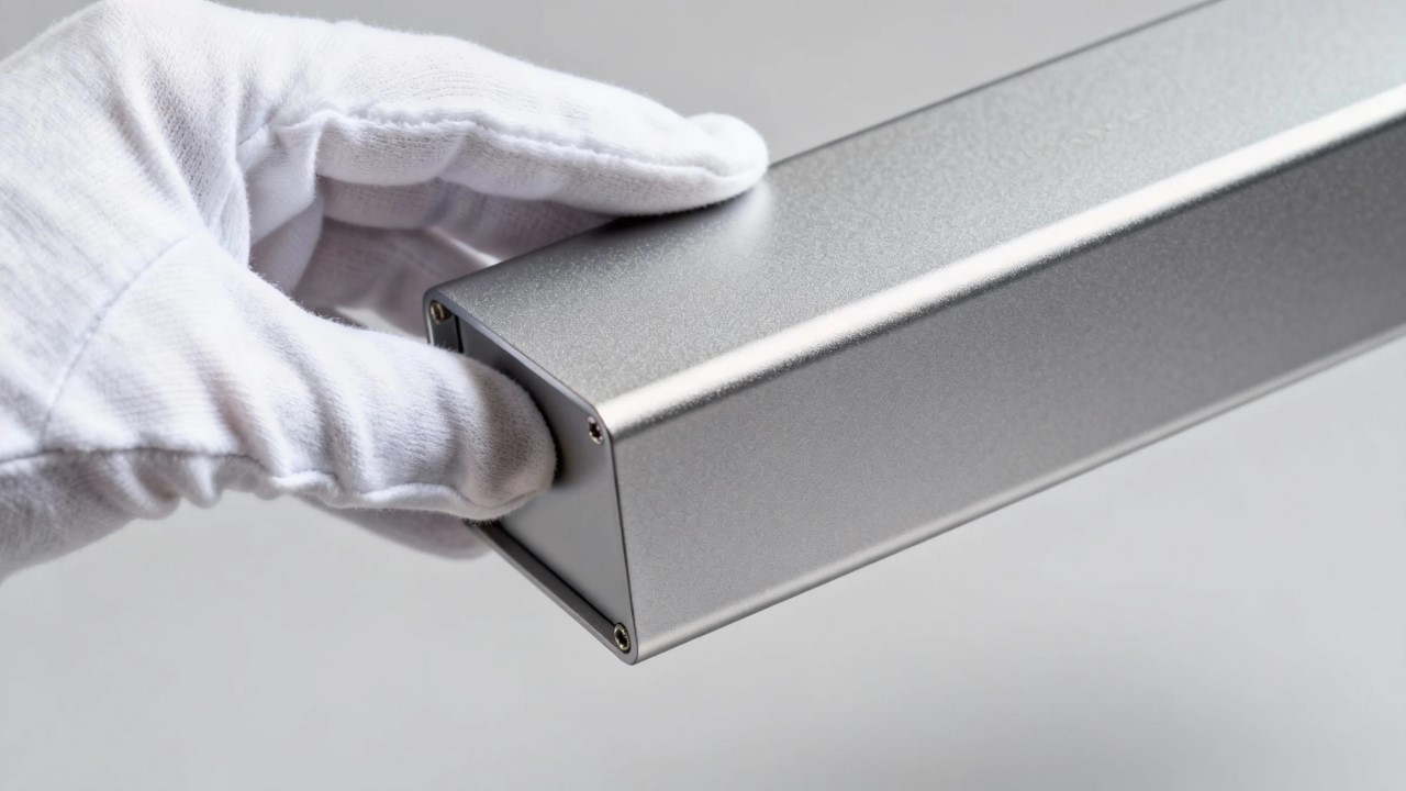 News a hand wearing a pristine white cotton glove gently holding and inspecting a finished aluminum enclosure with a fine texture matte powder coat finish.