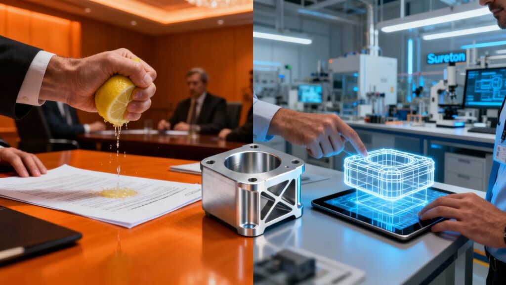 a bright, modern engineering lab. two hands (one from a client, one from a sureton engineer) collaboratively manipulate a glowing 3d wireframe model of an aluminum housing on a tablet.