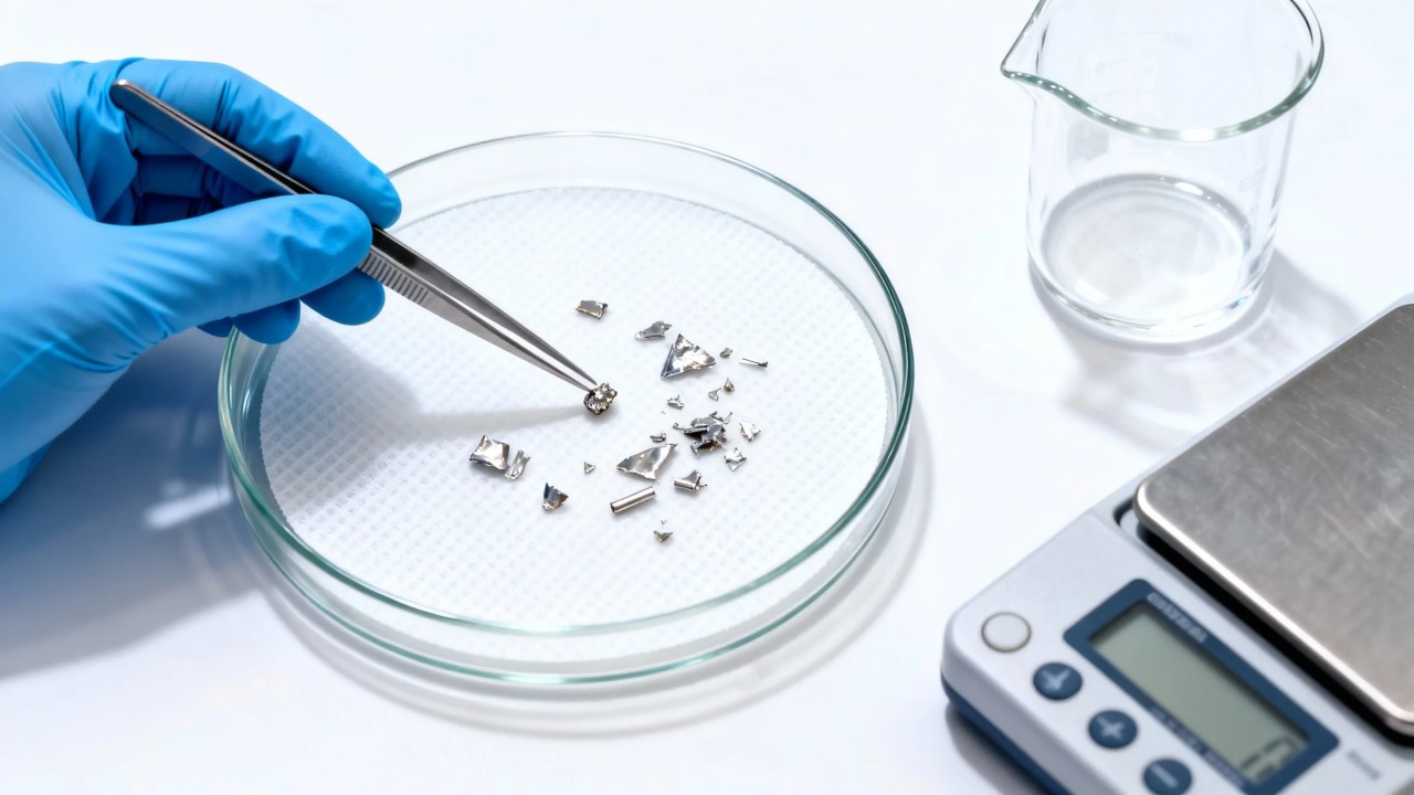News a hand in a blue nitrile glove uses fine tweezers to point at a specific particle. beside it, a clean glass beaker and a high precision analytical balance are visible.