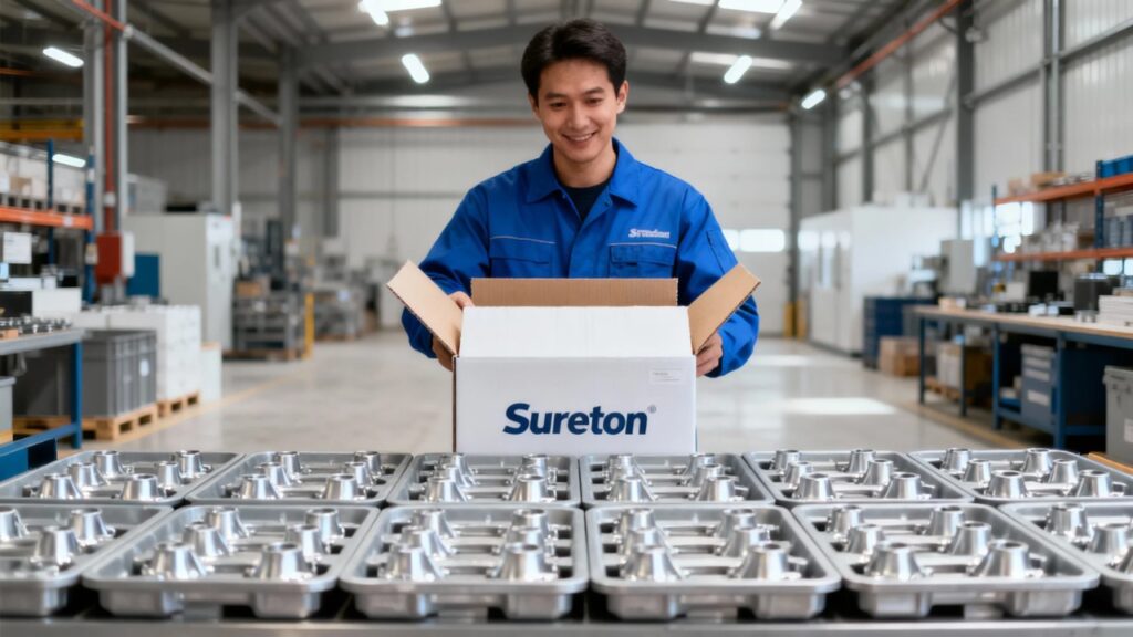 a worker is calmly opening a sureton carton. inside, rows of identical aluminum die cast parts are perfectly nestled in their custom trays, pristine and gleaming under the light.