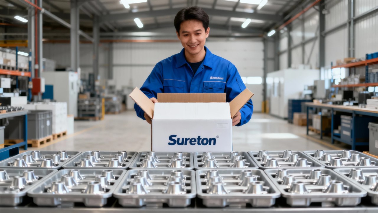 News a worker is calmly opening a sureton carton. inside, rows of identical aluminum die cast parts are perfectly nestled in their custom trays, pristine and gleaming under the light.