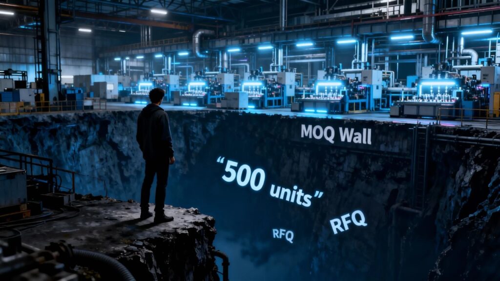 across the gap, glowing, efficient mass production factories hum. at the figure‘s feet, “500 units“ rfq letters drift into the abyss.