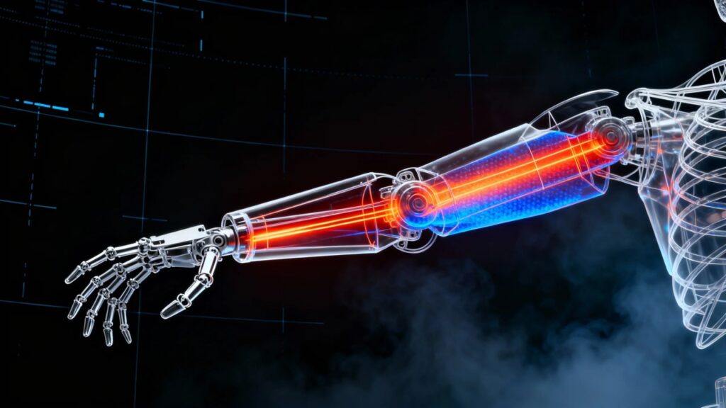 a robotic arm skeleton made of translucent silver wireframe, floating in dark space.