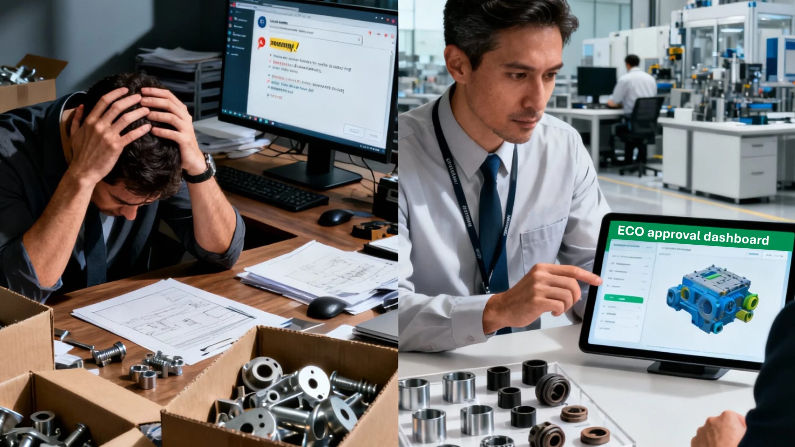News frustrated project manager at a cluttered desk, head in hands, surrounded by open shipping boxes containing mismatched metal parts.