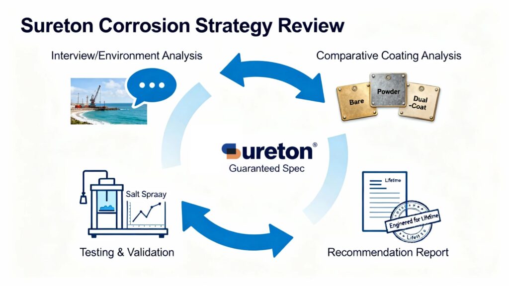 a professional, circular process diagram titled “sureton corrosion strategy review”