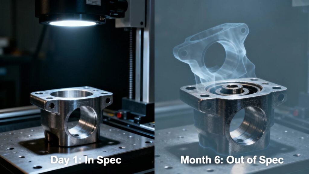 a pristine, newly measured zinc alloy housing on a cmm bed under bright light