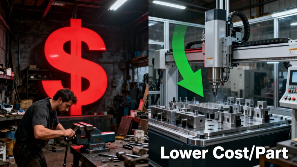 a clean, automated cnc cell with a multi part custom fixture