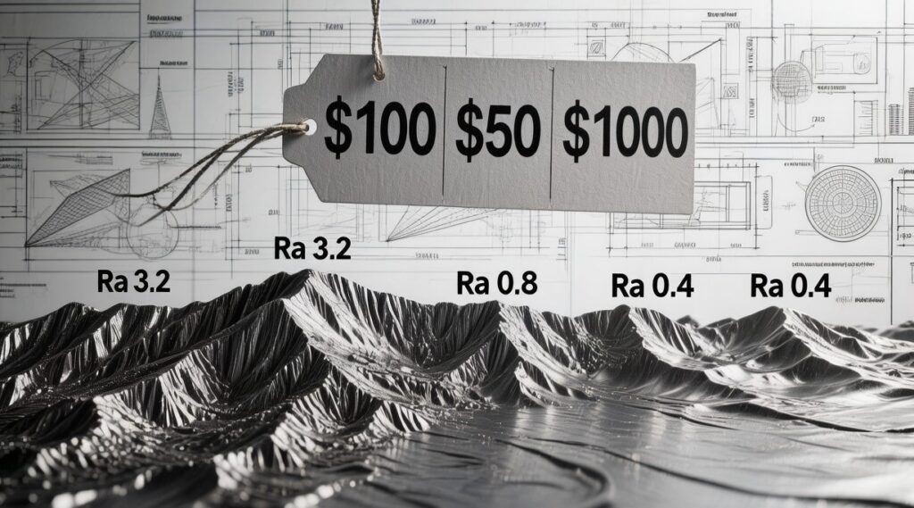 a magnified, mountainous metal surface landscape labeled with “ra 3.2”, “ra 0.8”, and “ra 0.4