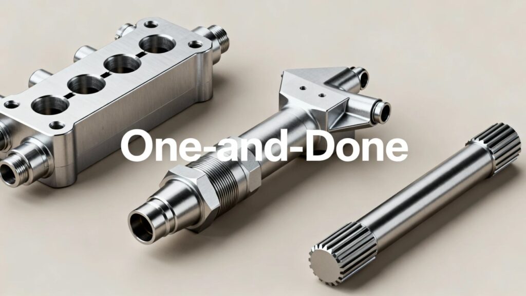 a hydraulic manifold with cross drilled holes, an aerospace connector with angled ports, a shaft with milled flats.