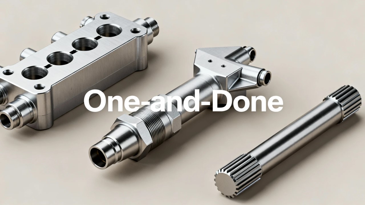 News a hydraulic manifold with cross drilled holes, an aerospace connector with angled ports, a shaft with milled flats.