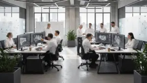 A team of professional engineers collaborating on technical designs and manufacturing solutions.