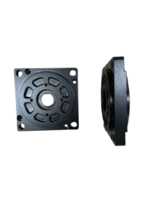 Quality Inspection Black aluminum die cast motor end bell with CNC machined mounting holes and central bore, front and side view.