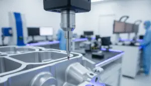 A quality technician using high-precision measurement equipment, such as a coordinate measuring machine (CMM), to verify part dimensions.