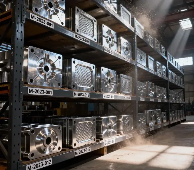 Mold Manufacturing Finished high-precision steel die casting molds stored on racks, ready for production at Sureton.