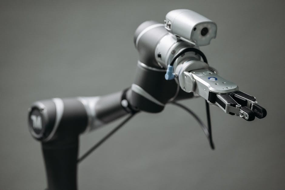 Advanced robotic arm with integrated vision system performing precise inspection or assembly tasks.