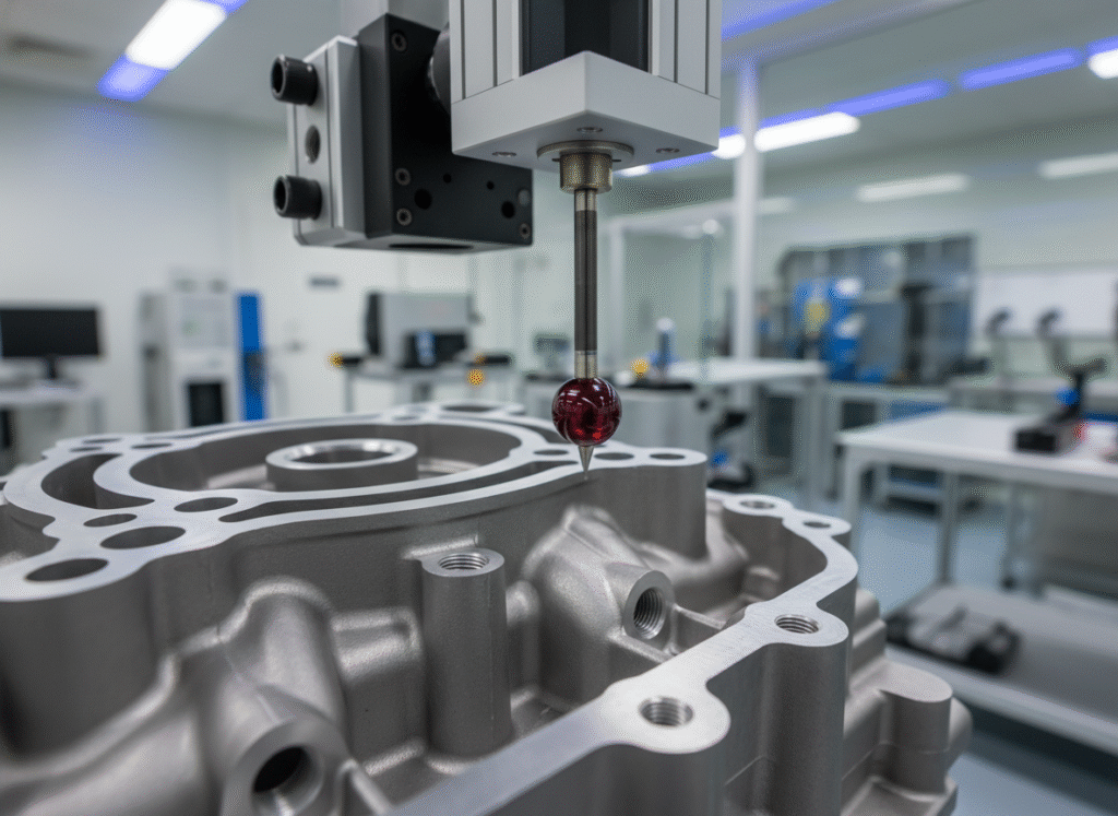 A quality control technician performing precise dimensional inspection on a machined part.