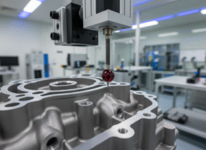 Home A quality control technician performing precise dimensional inspection on a machined part.