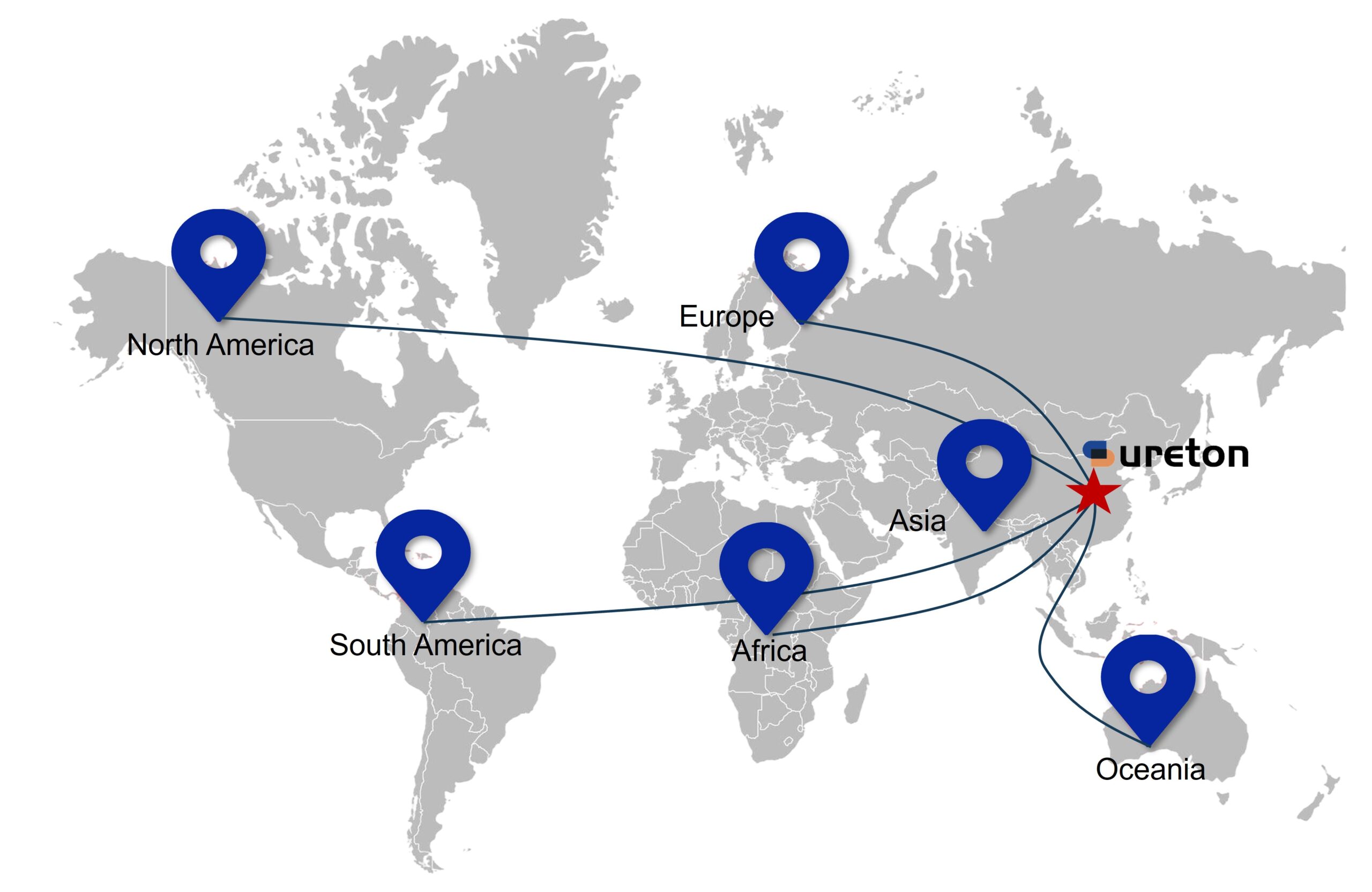 World map highlighting Sureton’s global manufacturing and sales network across six continents.
