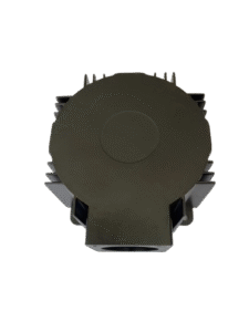 Quality Inspection Custom OEM aluminum motor housing part with heat sink fins back view.