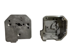 Quality Inspection Aluminum die casting gearbox housing cover with internal ribs and CNC machined holes.