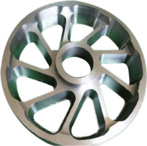 CNC Machining CNC machined billet aluminum motorcycle wheel hub center with spoke design.