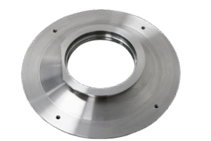 CNC Machining CNC turned stainless steel mounting flange with central boss and countersunk holes.