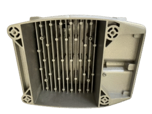 Quality Inspection Aluminum die casting concrete vibrator housing with internal cooling ribs and mounting holes.