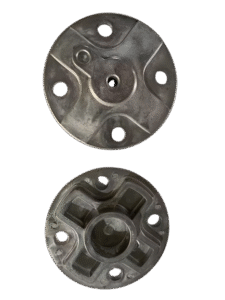 Quality Inspection Aluminum die casting air tank cover end cap with reinforcement ribs front and back view.