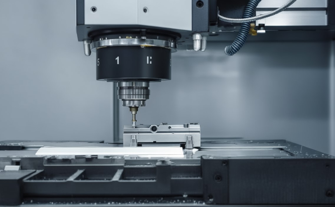 Advanced 5-axis CNC milling machine processing complex aluminum component with high precision at Sureton factory.