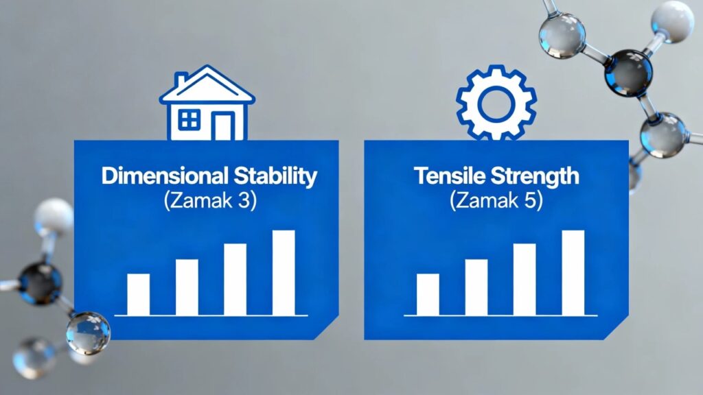 a clean, modern infographic comparing zamak 3 and zamak 5.