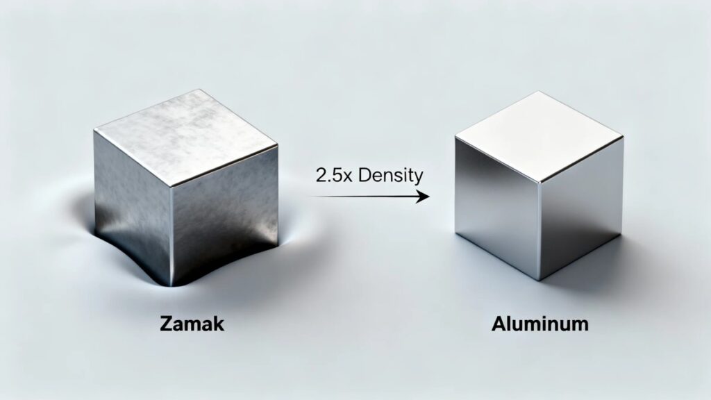 a conceptual 3d illustration showing a solid cube of zinc alloy (zamak) and a cube of aluminum of identical volume side by side.