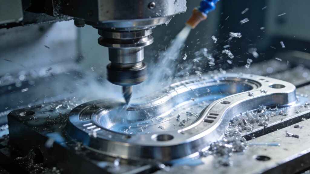 CNC Machining vs. Die Casting: The Engineer’s Guide to Manufacturing Medical Aesthetic Devices a milling cutter is machining a complex curved aluminum part for a medical device.