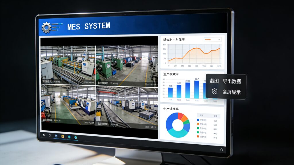 Manufacturing Execution System (MES) dashboard monitor displaying real-time production data and CNC workshop surveillance at Sureton factory.